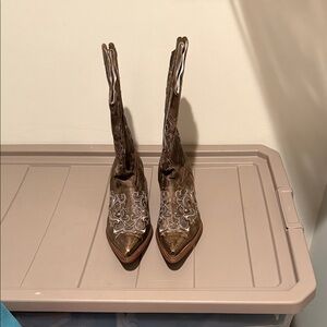 Brown, white, and blue JB Dillon boots